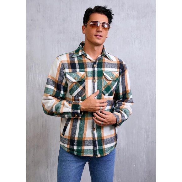 Men'sGreen/KhakiSherpa Lined Button Down Flannel Shirt Jacket Plaid Soft - Picture 4 of 7